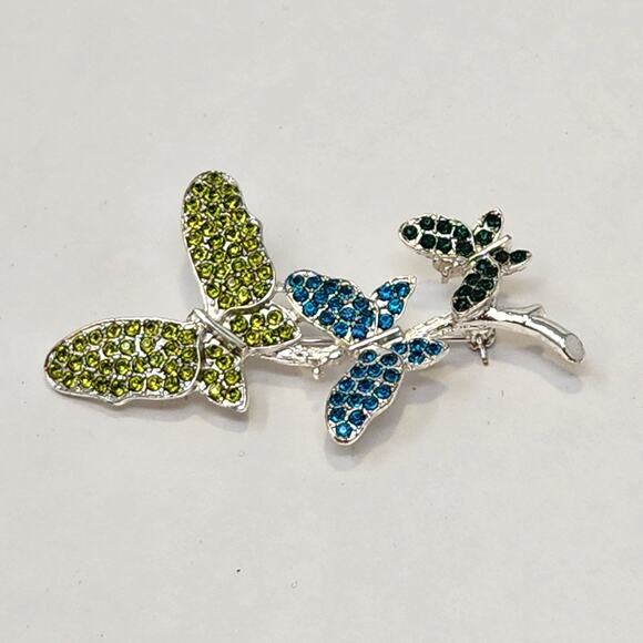 Fashion Jewelry Jewelry - Butterfly Silver Tone Brooch Pin Green Blue Rhinestone Insect Fashion Jewelry
